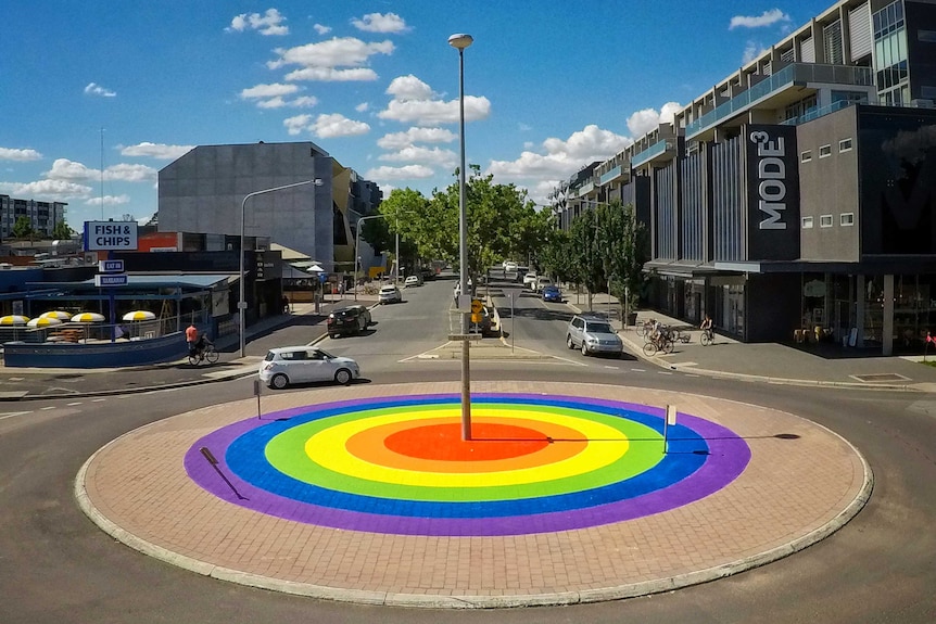 An aerial shot of a rainbow roundabout.