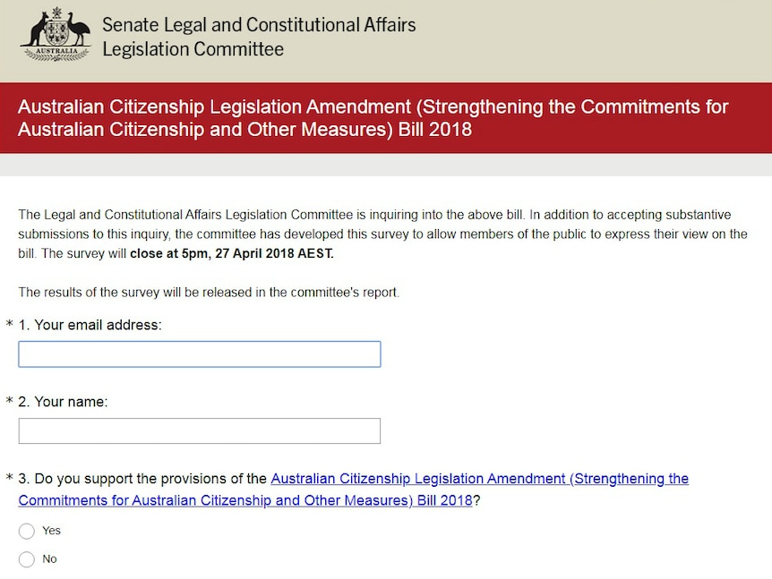 A screenshot the the Survey Monkey survey on changes to Australia's citizenship laws.