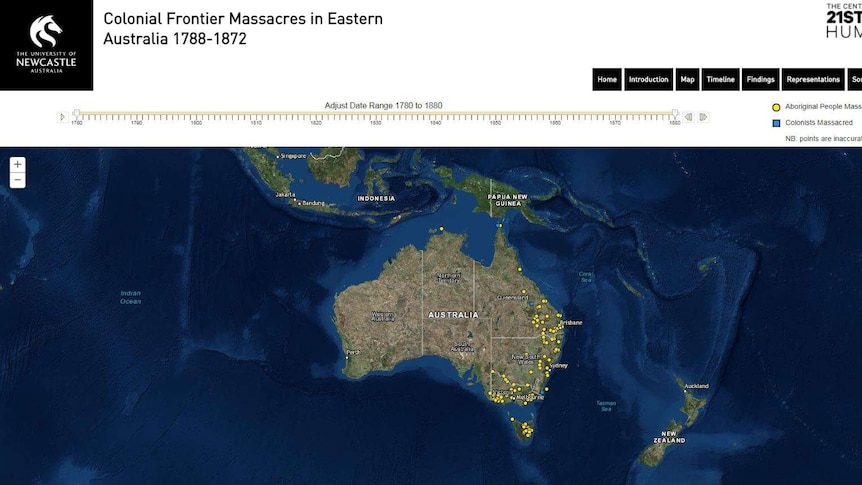 A screenshot of an online map marking the massacres of Aboriginal clans across Australia's colonial frontier.