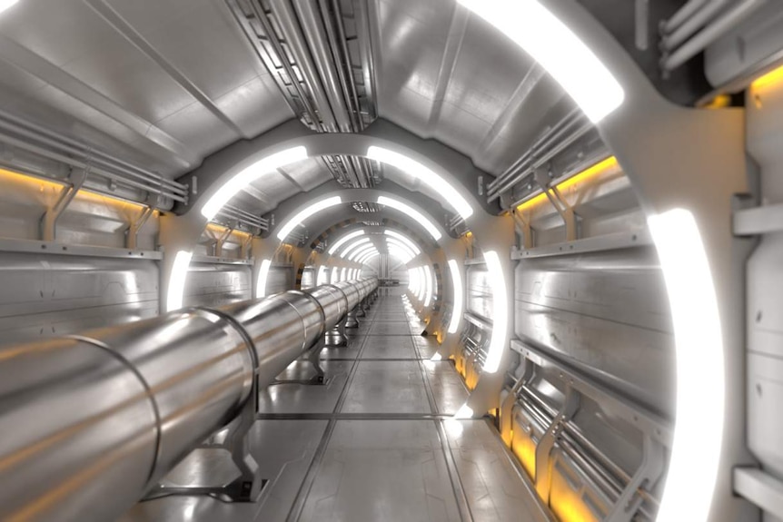 A concept image of the interior of the Future Circular Collider tunnel showing the long metal pipe of the accelerator.