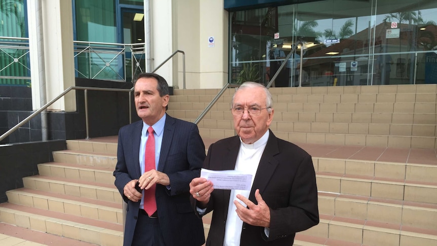 Bishop Heenan apologising outside the Royal Commission