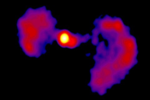 An image generated by a radio telescope shows a central circle with a large, irregular cluster on each side.
