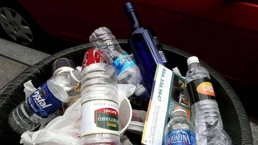 Discarded water bottles in a rubbish bin