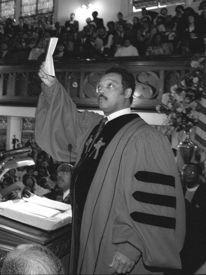 The Rev. Jesse Jackson speaks at a Martin Luther King Jr. service at Covent Ave. and 145th St