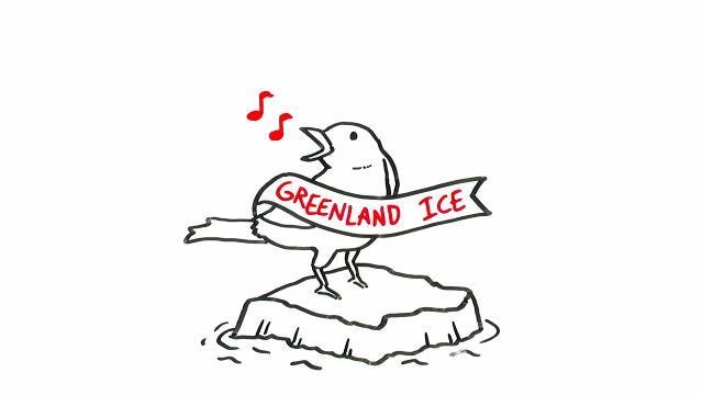 Drawing of bird singing on small iceberg with banner which reads "Greenland Ice"