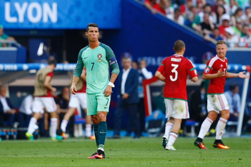 Cristiano Ronaldo looks on grimly against Hungary