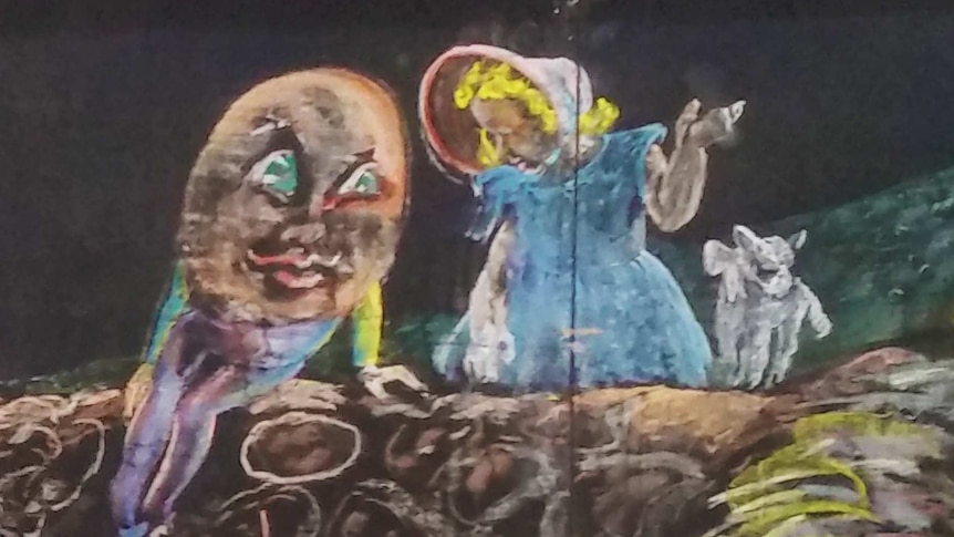 A chalk drawing of Humpty Dumpty sitting on a branch, leaning to listen to Little Bo Peep with a white lamb.