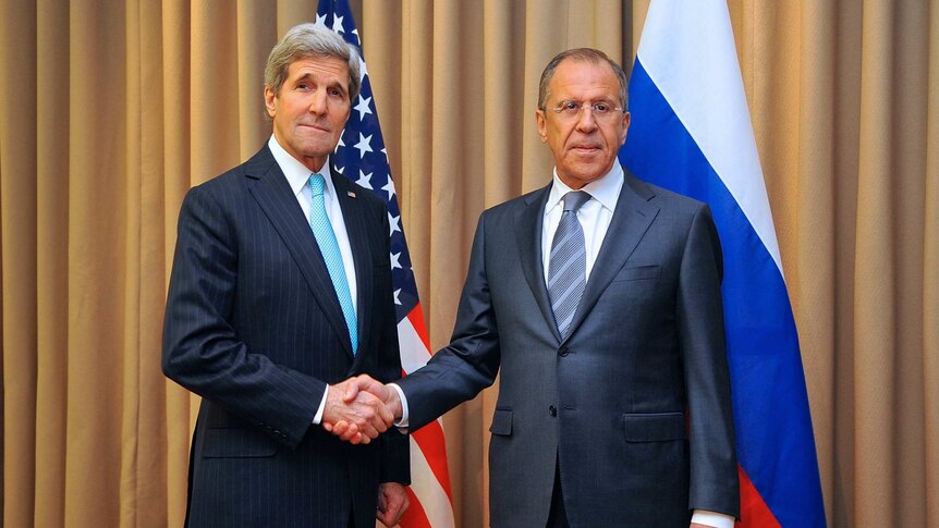 John Kerry shakes hands with Sergei Lavrov after Ukraine talks in Geneva