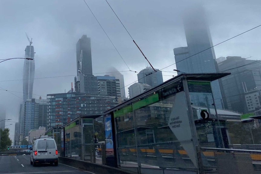Fog hanging over buildings in Melbourne's CBD.