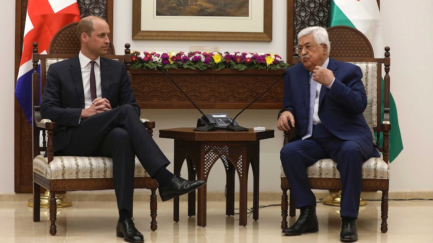 Britain's Prince William and Palestinian President Mahmoud Abbas