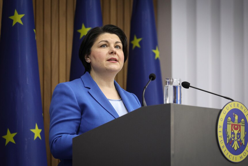 A middle-aged white woman with dark hair in a blue suit speaks behind a lectern in front of a series of EU flags.