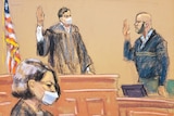 A courtroom sketch shows a man facing a judge, both of whom have their right hands raised.
