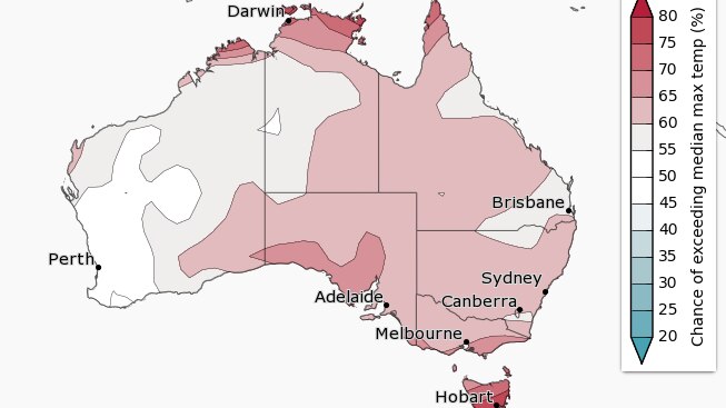 red and pink on a map of Australia indicating above median temperatures through most of central and eastern Australia