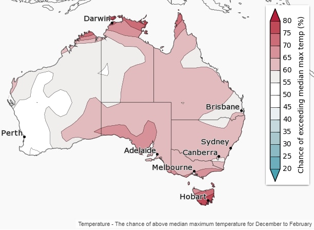 red and pink on a map of Australia indicating above median temperatures through most of central and eastern Australia