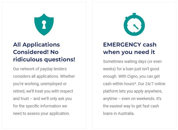 Cigno Australia's website screams “EMERGENCY cash when you need it”.