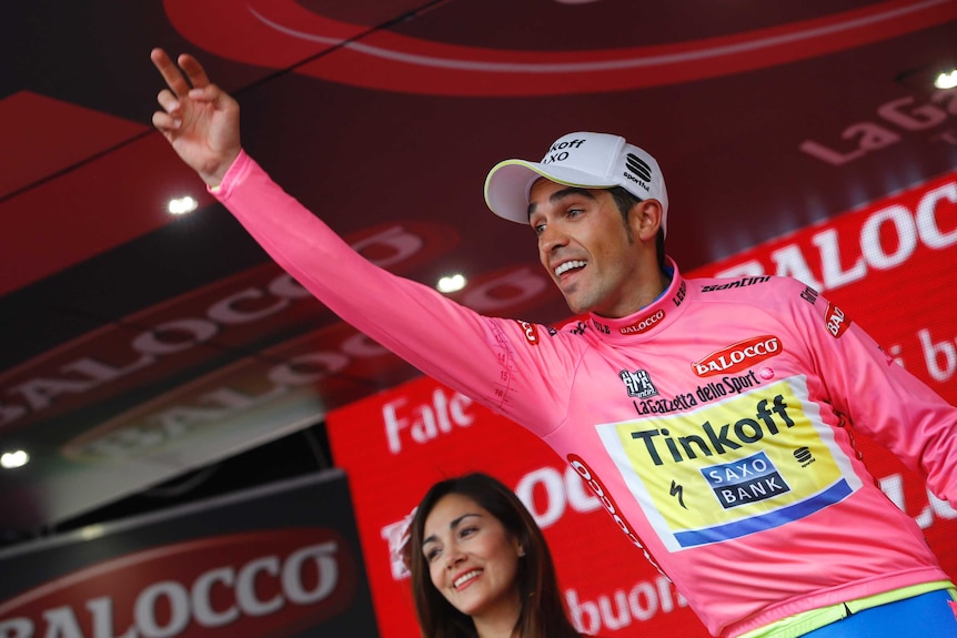 Alberto Contador in the pink jersey after stage eight