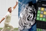 A composite image of Shane Warne, the Tongan volcano eruption and Wordle on a mobile phone