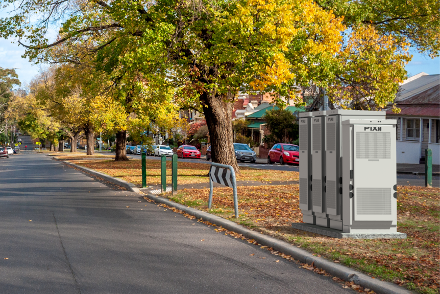 A crate-size battery on the verge of a residential street