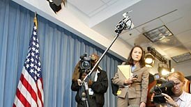 A battlefield robot on display at the Pentagon.