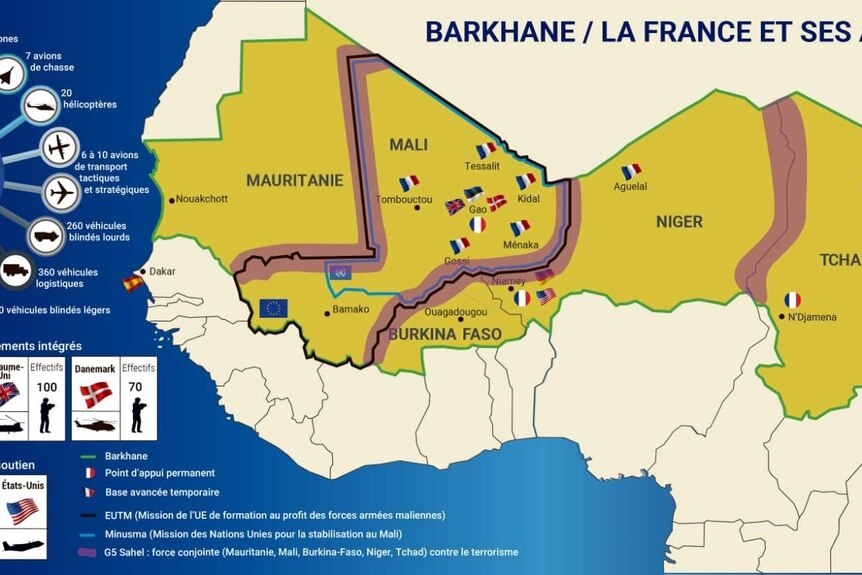Graphic of West Africa that shows were France and its allies are involved in an ongoing anti-insurgent operation.