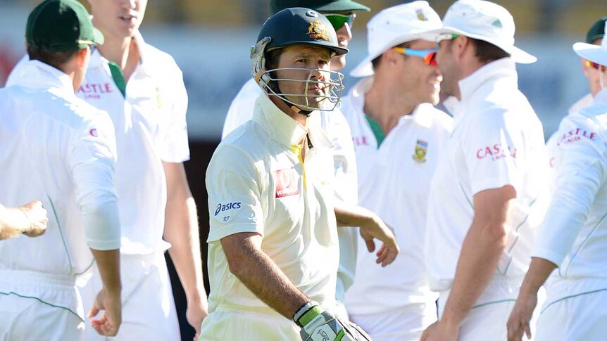 Ricky Ponting leaves the field after making a duck against South Africa on day three at the Gabba.