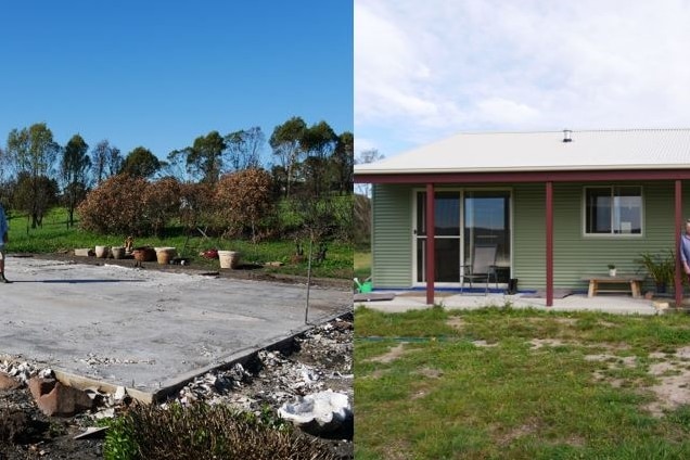 A split image showing a woman standing on a concrete slab and then in front of the home that was built on it.