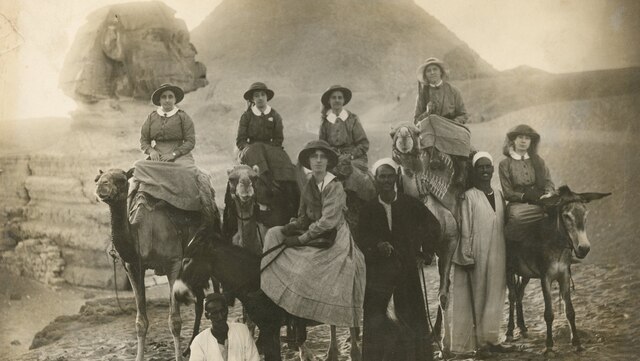 Nurses on camels at the Sphinx circa 1915.
