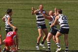 Geelong players celebrate an early goal by Paul Chapman against Sydney at Kardinia Park.