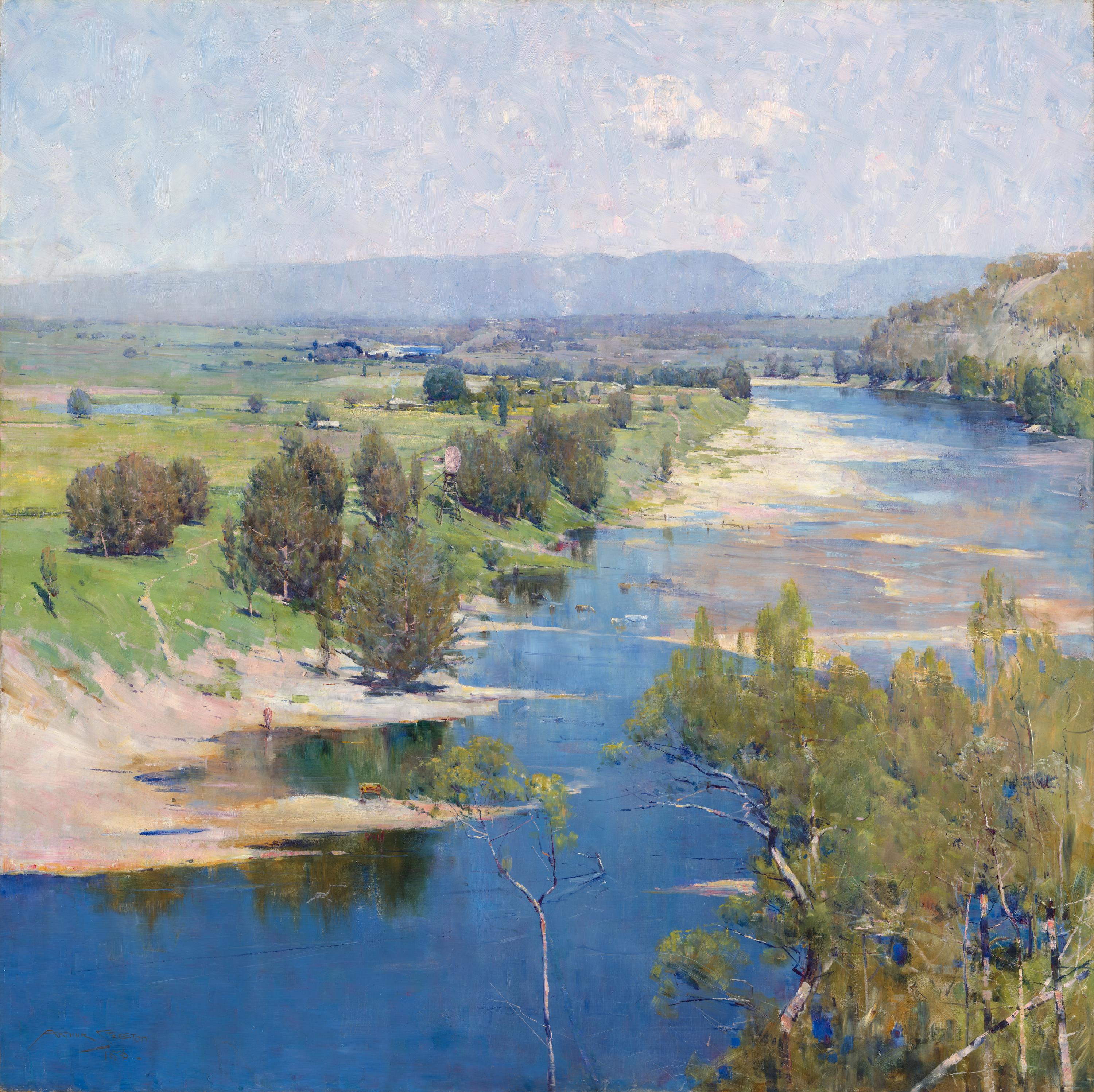 A landscape paining of a blue winding river and a green river bank