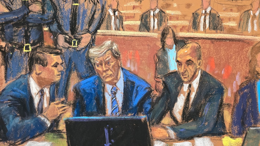 An oil sketch of three people sitting at a desk wearing suits
