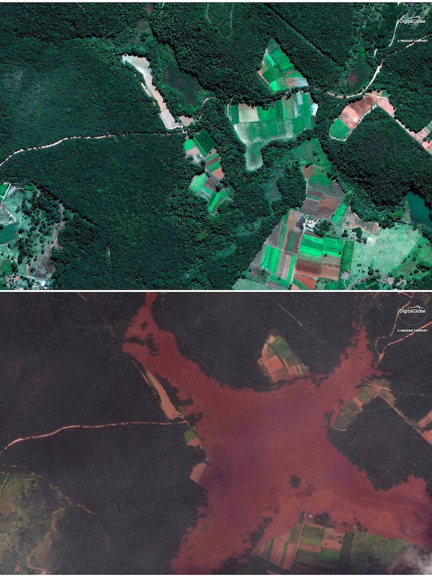 Two dramatic aerial images are side by side, one after the Vale SA mining disaster blanketed the area in brown sludge.