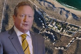 A composite picture showing a tight shot of Andrew Forrest's face and an artist's impression of a beachside ecotourism resort.