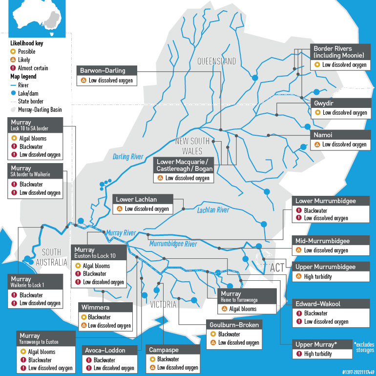 A map providing a snapshot overview of where water quality issues are likely across the Basin.