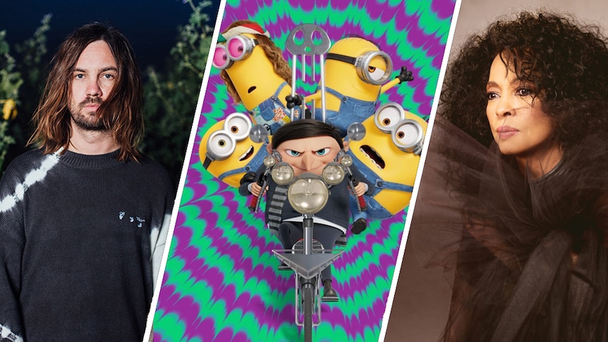 A collage of Tame Impala's Kevin Parker, poster art for Minions: The Rise of Gru, and Diana Ross
