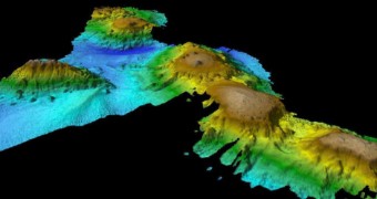 A graphic showing 3D mapping of seamounts.
