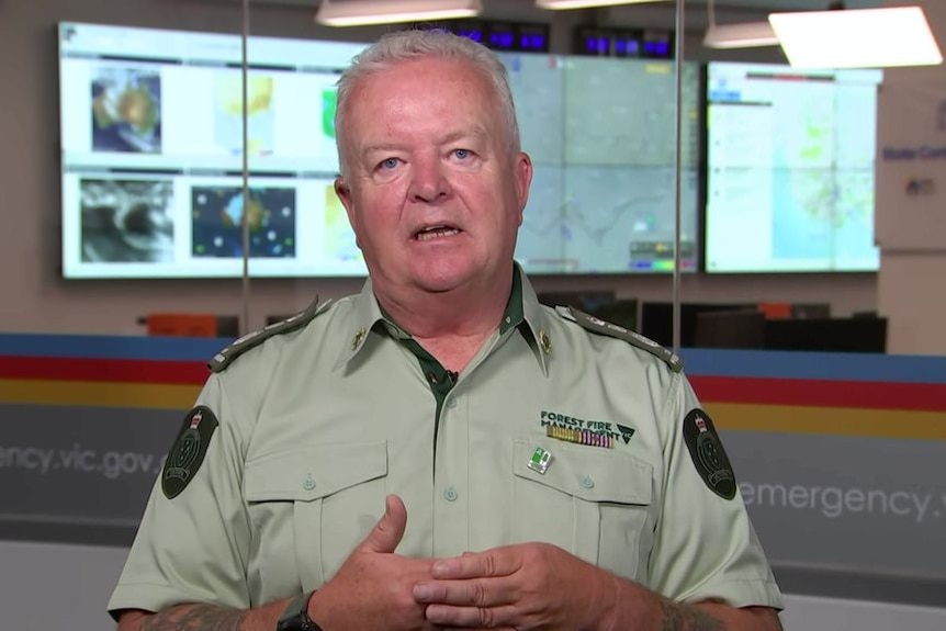 Chief Fire Officer at Forest Fire Management Victoria Chris Hardman gives a television interview.