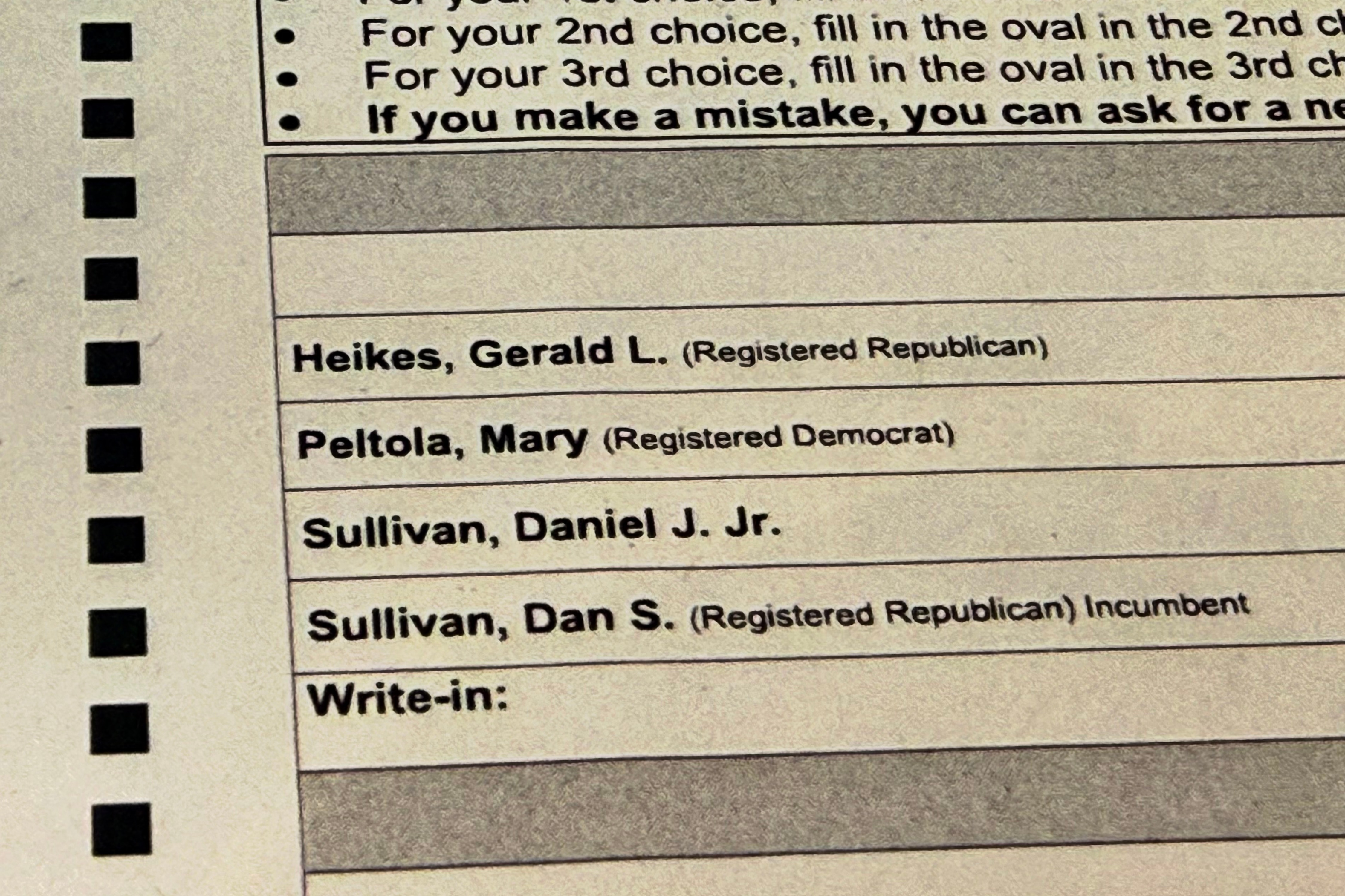 A sample election ballot is displayed in Alaska, showing two Dan Sullivans on the ballot.