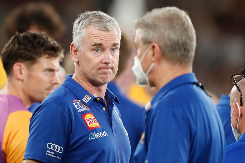 Adam Simpson looks on during the 2022 AFL Round 04 match between the Collingwood Magpies and West Coast Eagles