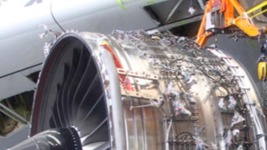 Damaged number 2 engine of a Qantas Airbus A380