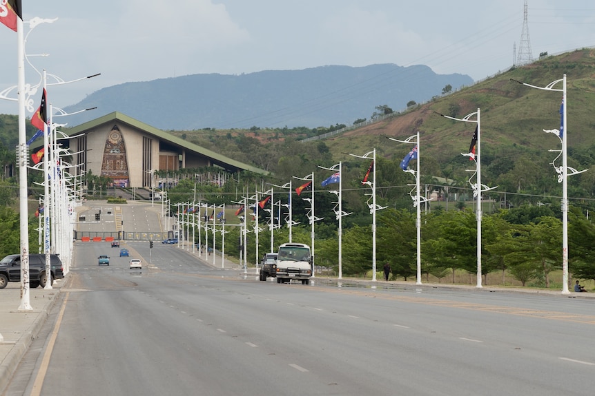 A view of street leading up to PNG parliament lined with PNG and Australian flags