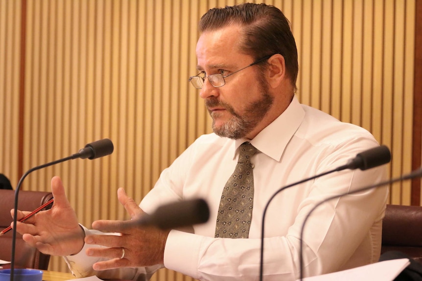 Senator Peter Whish-Wilson sits at a desk at Parliament House Canberra speaking into a microphone.