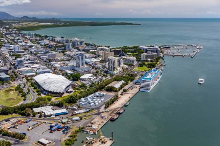 An aerial shot of the cairns waterfront and port