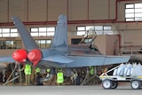 Technicians work on an F/A-18 Hornet