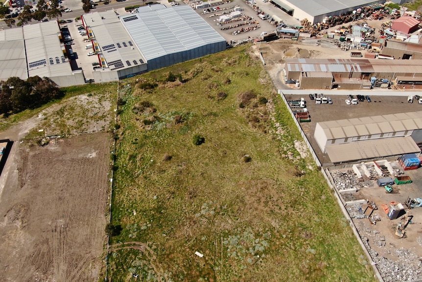 Large square of green grass with no trees, in between warehouses