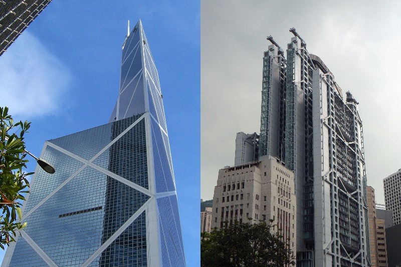 Composite images of Hong Kong's Bank of China and HSBC towers, with the former set against a blue sky and the latter grey.