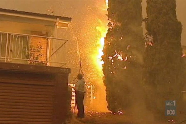 A man housing down his house during the 2003 Canberra bushfires.