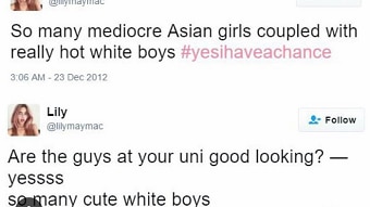 Screenshot shows two tweets from @lilymaymac dated 2012 that say "many mediocre Asian girls coupled with really hot white boys"