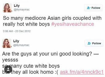 Screenshot shows two tweets from @lilymaymac dated 2012 that say "many mediocre Asian girls coupled with really hot white boys"