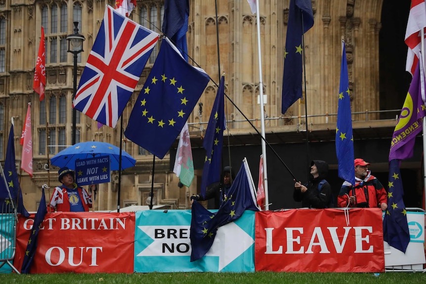 A small group of pro and anti-Brexit protesters fly flats and sit behind banners