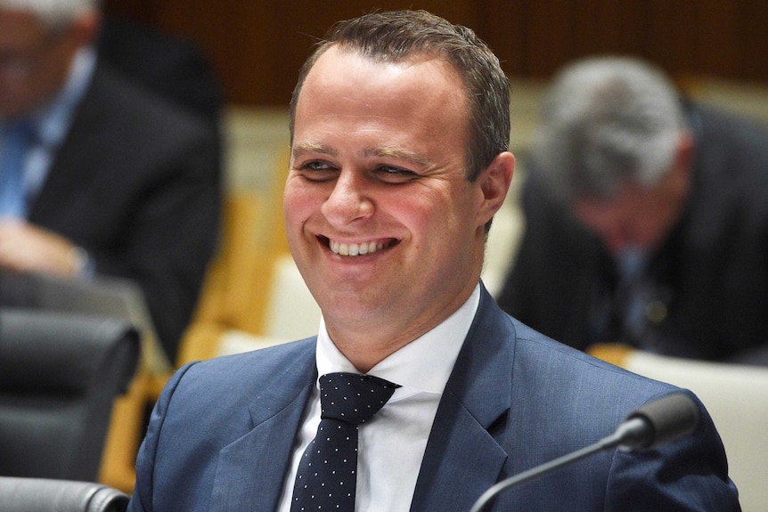 Upper body photo of Tim Wilson, seated, smiling during a Senate Estimates hearing.